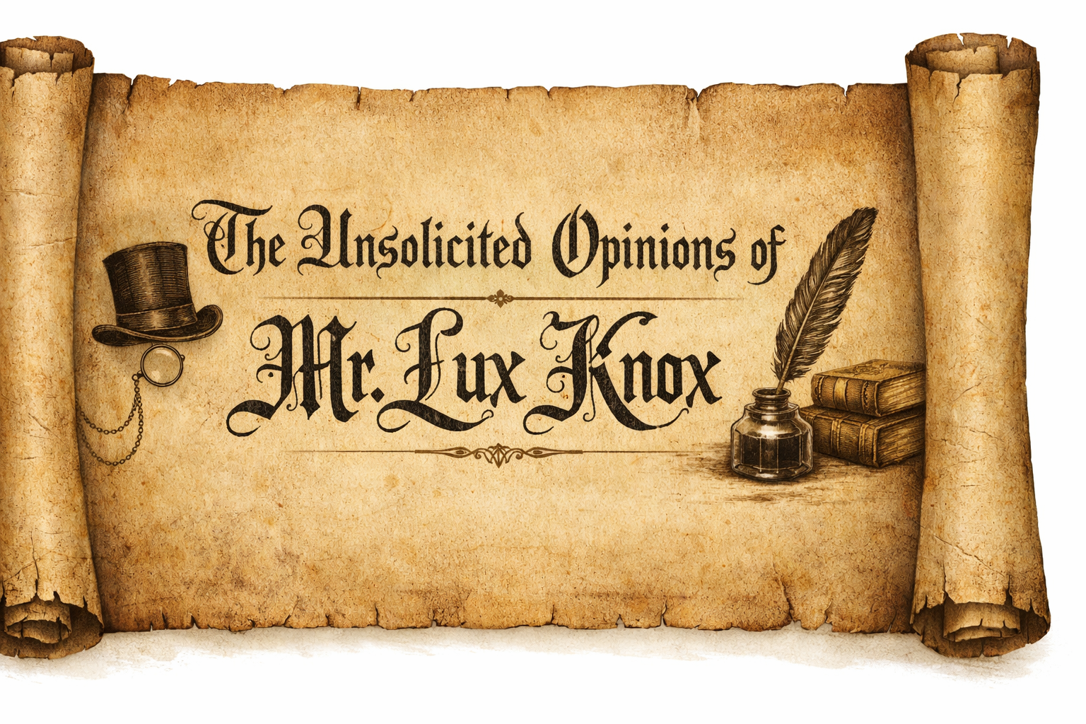 The Unsolicited Opinions of Mr. Lux Knox displayed in archaic English lettering on a scroll